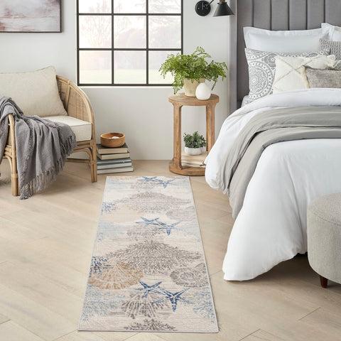 Nourison Pompeii Nature Ivory Grey Blue 2'3" x 7'6" Area Rug, Easy Cleaning, Non Shedding, Bed Room, Living Room, Dining Room, Kitchen (2x8)