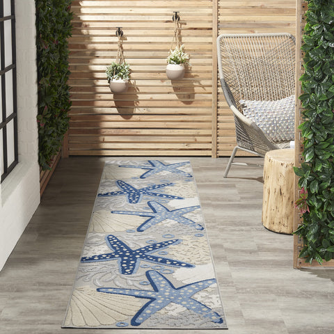 Nourison Aloha Indoor/Outdoor Blue/Grey 2'3" x 12' Area Rug, Coastal, Tropical, Easy Cleaning, Non Shedding, Bed Room, Living Room, Deck, Backyard, (12' x Runner)