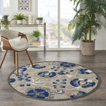 Nourison Aloha Indoor/Outdoor Natural/Blue 5'3" x Round Area -Rug, Easy -Cleaning, Non Shedding, Bed Room, Living Room, Dining Room, Backyard, Deck, Patio (5 Round)