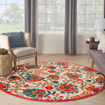 Nourison Aloha Indoor/Outdoor Red Multicolor 5'3" x Round Area -Rug, Easy -Cleaning, Non Shedding, Bed Room, Living Room, Dining Room, Backyard, Deck, Patio (5 Round)