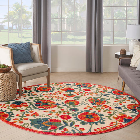 Nourison Aloha Indoor/Outdoor Red Multicolor 5'3" x Round Area -Rug, Easy -Cleaning, Non Shedding, Bed Room, Living Room, Dining Room, Backyard, Deck, Patio (5 Round)