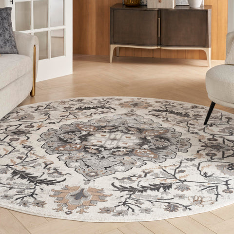 Nourison Elation Transitional Ivory Grey 5'3" x Round Area -Rug, Easy -Cleaning, Non Shedding, Bed Room, Living Room, Dining Room, Kitchen (5 Round)