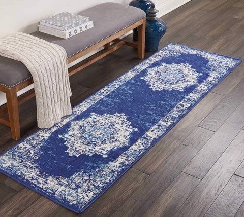 Nourison Grafix Navy Blue 2'3'' x 7'6'' Traditional Area-Rug, Modern, Easy-Cleaning, Non Shedding, Bed Room, Living Room, Dining Room, Kitchen, (8' Runner)