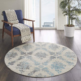 Nourison Tranquil Damask Ivory/Turquoise 5'3" x Round Area Rug, Easy Cleaning, Non Shedding, Bed Room, Living Room, Dining Room, Kitchen (5 Round)