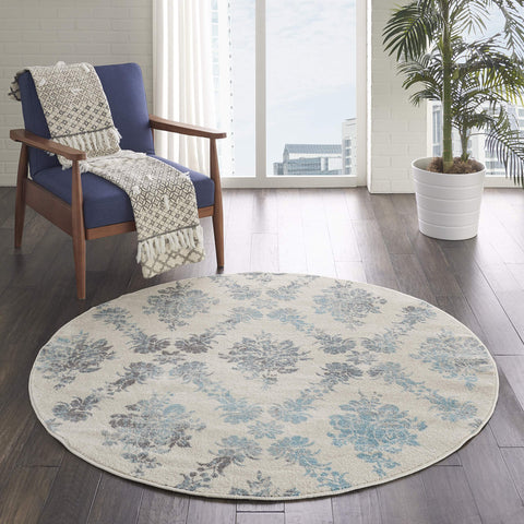 Nourison Tranquil Damask Ivory/Turquoise 5'3" x Round Area Rug, Easy Cleaning, Non Shedding, Bed Room, Living Room, Dining Room, Kitchen (5 Round)