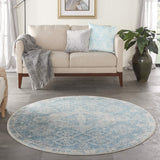 Nourison Tranquil Traditional Lt.Blue/Ivory 5'3" x Round Area -Rug, Easy -Cleaning, Non Shedding, Bed Room, Living Room, Dining Room, Kitchen (5 Round)