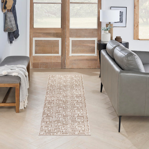 Nourison Serenity Home Geometric Mocha Ivory 2'2" x 7'6 Area Rug, Easy Clean, Non Shedding, Bed Room, Living Room, Dining Room, Backyard, Deck, Patio (2x8)
