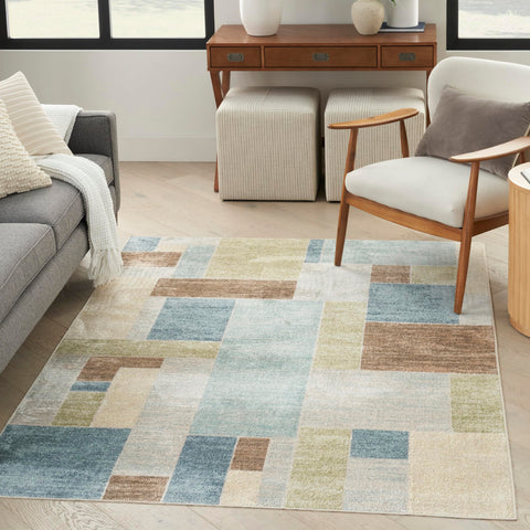 Nourison Astra Machine Washable Geometric Blue Green Multi 5'3" x 7' Area -Rug, Easy -Cleaning, Non Shedding, Bed Room, Living Room, Dining Room, Kitchen (5x7)