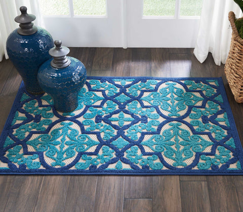 Nourison Aloha Indoor/Outdoor Navy 2'8" x 4' Area Rug, Tropical, Botanical, Easy Cleaning, Non Shedding, Bed Room, Living Room, Dining Room, Deck, Backyard, Patio (3x4)
