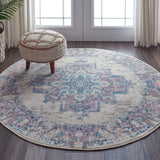 Nourison Grafix Traditional Ivory/Pink 4' x Round Area -Rug, Easy -Cleaning, Non Shedding, Bed Room, Living Room, Dining Room, Kitchen (4 Round)