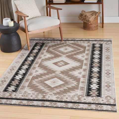 Nourison Washable Decor Beige Black 5'3" x 7' Area Rug Easy Clean, Non Shedding, Bed Room, Living Room, Dining Room, Kitchen (5' x 7')
