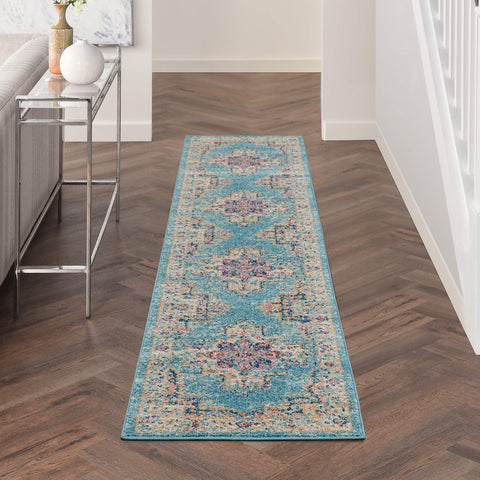 Nourison Passion Light Blue 2'2" x 10' Area Rug, Boho, Traditional, Easy Clean, Non Shedding, Bed Room, Living Room, Hallway, (10' Runner)