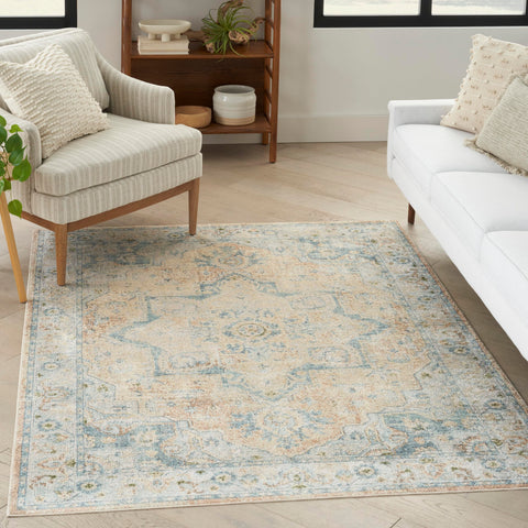 Nourison Astra Machine Washable Traditional Beige Blue 4' x 6' Area -Rug, Easy -Cleaning, Non Shedding, Bed Room, Living Room, Dining Room, Kitchen (4x6)" }