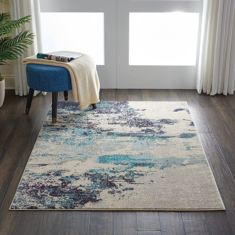 Nourison Celestial Modern Abstract Ivory/Teal Blue 3'11'' x 5'11'' Area-Rug, Easy-Cleaning, Non Shedding, Bed Room, Living Room, Dining Room, Kitchen (4x6)