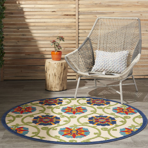 Nourison Aloha Indoor/Outdoor Blue/Multicolor 5'3" x Round Area Rug, Easy Cleaning, Non Shedding, Bed Room, Living Room, Dining Room, Deck, Backyard, Patio (5 Round)