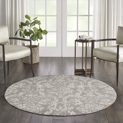 Nourison Jubilant Damask Grey 5'3'' x Round Area-Rug, Easy-Cleaning, Non Shedding, Bed Room, Living Room, Dining Room, Kitchen (5 Round)
