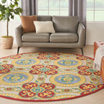 Nourison Aloha Indoor/Outdoor Red/Multi 7'10" x Round Area Rug, Easy Cleaning, Non Shedding, Bed Room, Living Room, Dining Room, Backyard, Deck, Patio, High-traffic Areas (8 Round)
