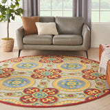 Nourison Aloha Indoor/Outdoor Red/Multi 7'10" x Round Area Rug, Easy Cleaning, Non Shedding, Bed Room, Living Room, Dining Room, Backyard, Deck, Patio, High-traffic Areas (8 Round)