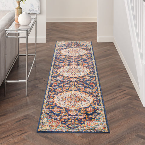 Nourison Passion Navy Multicolor 2'2" x 10' Area Rug, Farmhouse, Transitional, Bed Room, Living Room, Dining Room, Kitchen, Easy Clean, Non Shedding, (10' Runner)