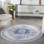 Nourison Whimsicle Vintage Ivory Blue 5' x Round Area Rug, Easy Cleaning, Non Shedding, Bed Room, Living Room, Dining Room, Kitchen (5 Round)