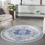 Nourison Whimsicle Vintage Ivory Blue 5' x Round Area Rug, Easy Cleaning, Non Shedding, Bed Room, Living Room, Dining Room, Kitchen (5 Round)