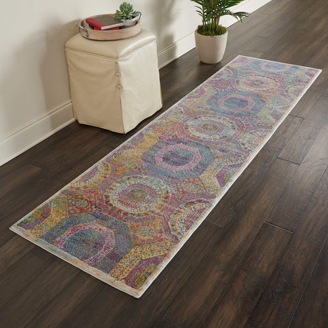Nourison Global Vintage Geometric Multicolor 2' x 6' Area Rug, Easy Clean, Non Shedding, Bed Room, Living Room, Dining Room, Kitchen (2x6)