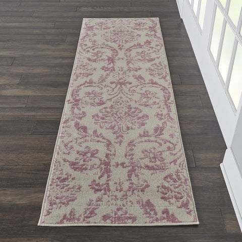 Nourison Jubilant Damask Ivory/Pink 2'3'' x 7'3'' Area-Rug, Easy-Cleaning, Non Shedding, Bed Room, Living Room, Dining Room, Kitchen (2x7)