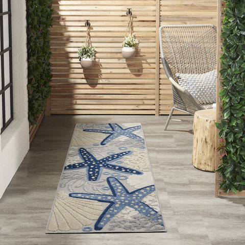 Nourison Aloha Indoor/Outdoor Blue/Grey 2' x 6' Area Rug, Coastal, Tropical, Easy Cleaning, Non Shedding, Bed Room, Living Room, Deck, Backyard, (6' x Runner)
