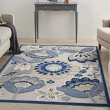 Nourison Aloha Indoor/Outdoor Blue/Grey 5'3" x 7'5" Area Rug, Floral, Contemporary, Easy-Cleaning, Non-Shedding, Bed Room, Living Room, Deck, Backyard, (5' x 7')