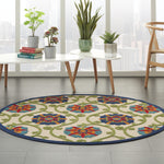 Nourison Aloha Indoor/Outdoor Blue/Multicolor 5'3" x Round Area Rug, Easy Cleaning, Non Shedding, Bed Room, Living Room, Dining Room, Deck, Backyard, Patio (5 Round)