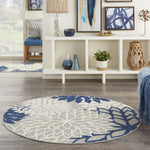 Nourison Aloha Indoor/Outdoor Floral Ivory/Navy 5'3" x Round Area Rug, (5' Round)