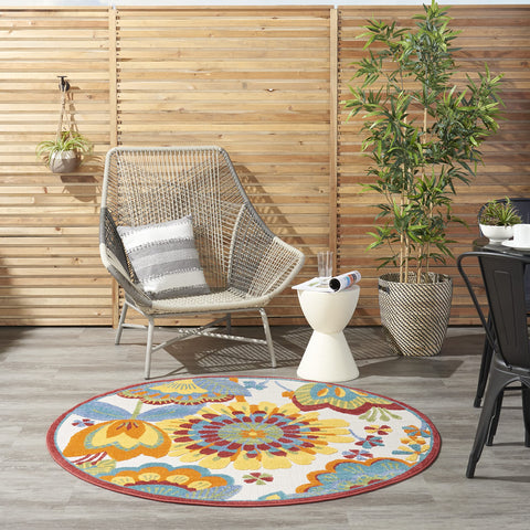 Nourison Aloha Indoor/Outdoor Multicolor 5'3" x Round Area Rug, Floral, Contemporary, Easy Cleaning, Non Shedding, Bed Room, Living Room, Deck, Backyard, (5' Round)