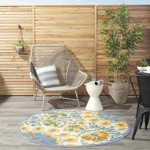 Nourison Aloha Indoor Outdoor Multicolor 5'3" x Round Area Rug, Floral, Tropical, Easy Cleaning, Non Shedding, Bed Room, Living Room, Deck, Backyard, (5' Round)