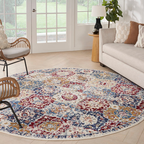 Nourison Grafix Vintage Blue Multicolor 5'3" x Round Area -Rug, Easy -Cleaning, Non Shedding, Bed Room, Living Room, Dining Room, Kitchen (5 Round)