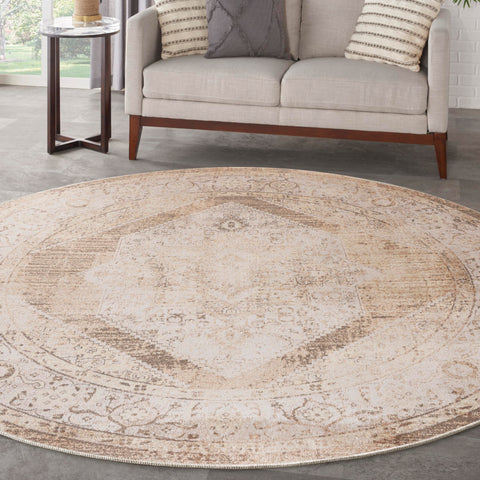 Nourison Astra Machine Washable Beige 5'3" x Round Area Rug, Easy Clean, Non Shedding, Bed Room, Living Room, Dining Room, Kitchen (5' Round)