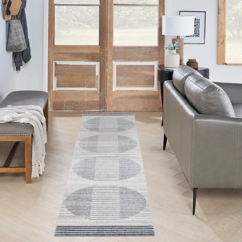 Nourison Astra Machine Washable Geometric Ivory Blue 2'2" x 10' Area -Rug, Easy -Cleaning, Non Shedding, Bed Room, Living Room, Dining Room, Kitchen (2x10)