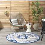 Nourison Aloha Indoor/Outdoor Blue/Grey 4' x Round Area Rug, Floral, Contemporary, Easy-Cleaning, Non-Shedding, Bed Room, Living Room, Deck, Backyard, (4' Round)