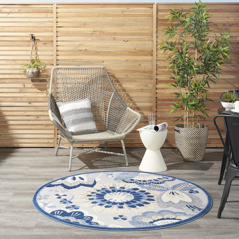 Nourison Aloha Indoor/Outdoor Blue/Grey 4' x Round Area Rug, Floral, Contemporary, Easy-Cleaning, Non-Shedding, Bed Room, Living Room, Deck, Backyard, (4' Round)