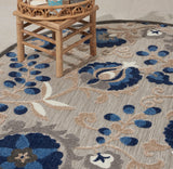Nourison Aloha Indoor/Outdoor Natural/Blue 5'3" x Round Area -Rug, Easy -Cleaning, Non Shedding, Bed Room, Living Room, Dining Room, Backyard, Deck, Patio (5 Round)