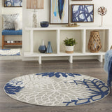 Nourison Aloha Indoor/Outdoor Floral Ivory/Navy 5'3" x Round Area Rug, (5' Round)