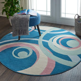 Nourison Grafix Geometric Blue Multi Colored 5'3" x Round Area-Rug, Easy-Cleaning, Non Shedding, Bed Room, Living Room, Dining Room, Kitchen (5 Round)