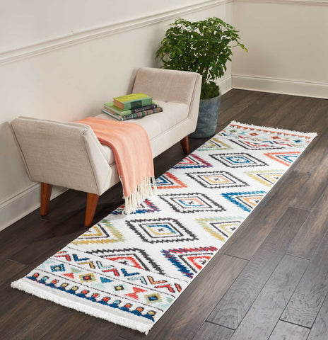 Nourison Tribal Decor Tribal White 2'2'' x 7'9'' Area-Rug, Easy-Cleaning, Non Shedding, Bed Room, Living Room, Dining Room, Kitchen (2x8)