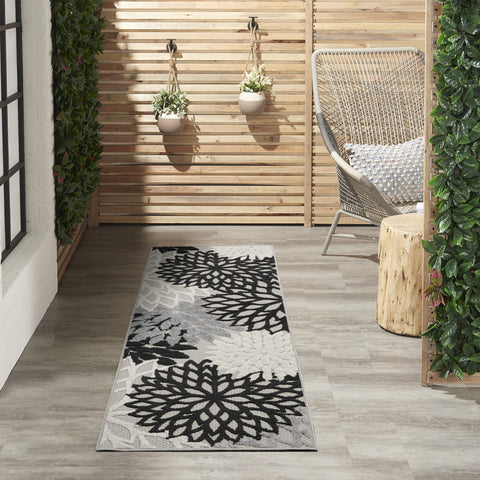 Nourison Aloha Indoor/Outdoor Black White 2'3'' x 8' Area-Rug, Tropical, Botanical, Easy-Cleaning, Non Shedding, Bed Room, Living Room, Dining Room, Deck, Backyard, Patio (2x8)