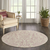 Nourison Jubilant Damask Ivory/Pink 5'3'' x Round Area--Rug, Easy--Cleaning, Non Shedding, Bed Room, Living Room, Dining Room, Kitchen (5 Round)