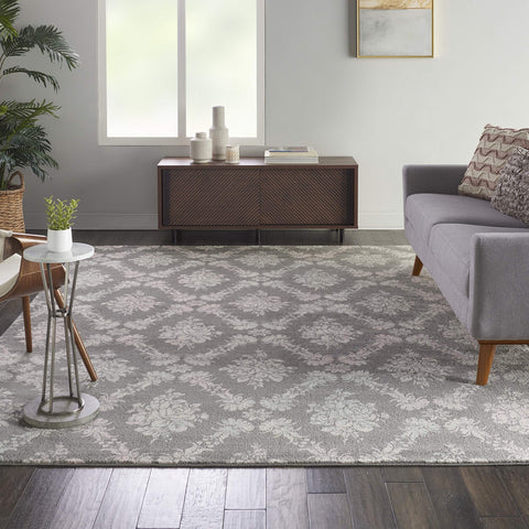 Nourison Tranquil Damask Grey/Pink 8' x 10' Area Rug, Easy Cleaning, Non Shedding, Bed Room, Living Room, Dining Room, Kitchen (8x10)
