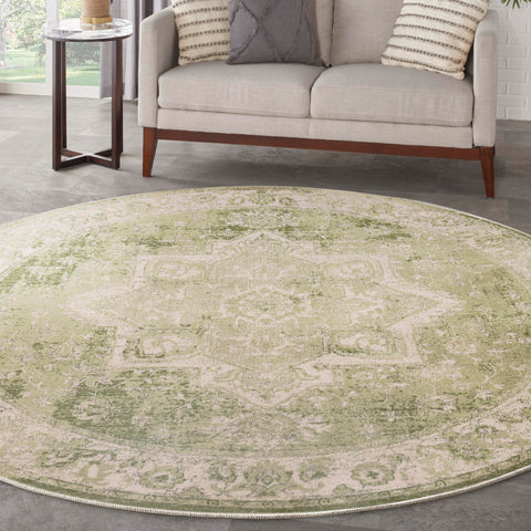 Nourison Astra Machine Washable Ivory Green 5'3" x Round Area Rug, Easy Clean, Non Shedding, Bed Room, Living Room, Dining Room, Kitchen (5' Round)