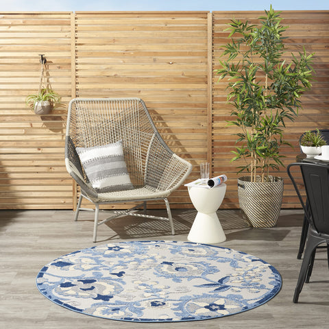 Nourison Aloha Indoor/Outdoor Blue/Grey 5'3" x Round Area Rug, Easy Cleaning, Non Shedding, Bed Room, Living Room, Dining Room, Backyard, Deck, Patio (5 Round)