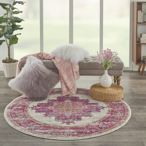 Nourison Passion Ivory/Fuchsia 5'3'' x Round Area--rug, Boho, Traditional, Easy--cleaning, Non Shedding, Bed Room, Living Room, Hallway, (5' Round)