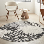 Nourison Aloha 48" Round Fabric Indoor/Outdoor Rug in Black/White Finish