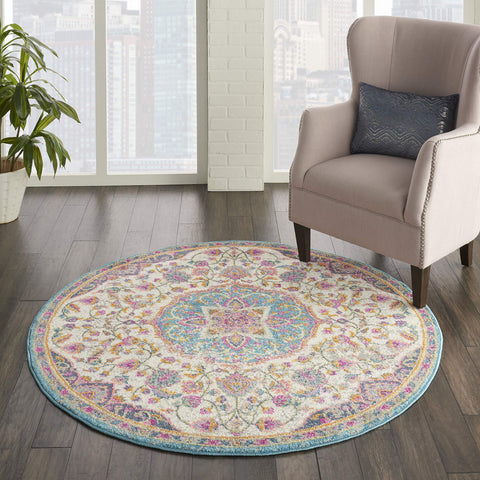 Nourison Passion Ivory/Multi 4' x Round Area -Rug, Farmhouse, Transitional, Bed Room, Living Room, Dining Room, Kitchen, Easy -Cleaning, Non Shedding, (4' Round)
